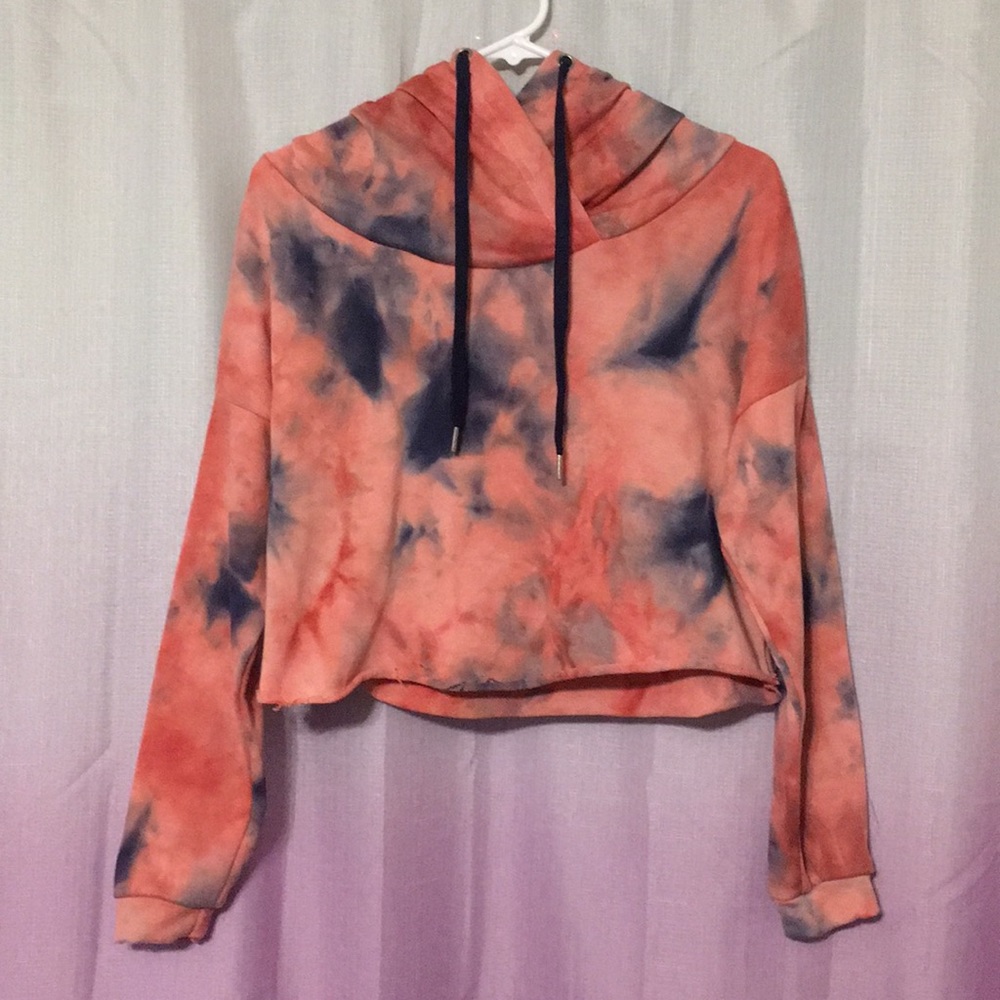 Pink and Blue Tie-dye Cropped Hooded Sweatshirt